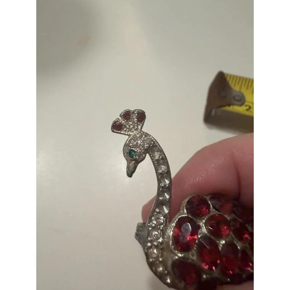 Vintage Red Peacock Enamel Brooch